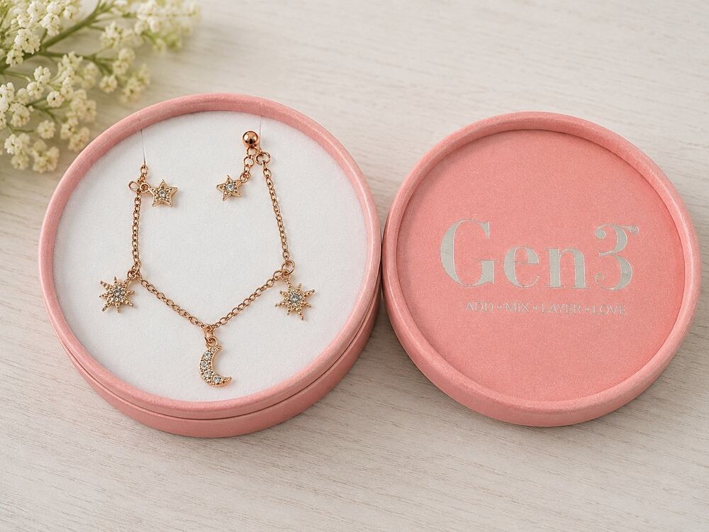 Gen3 Celestial Stars & Moon Charm Bracelet Rose Gold Adjustable Rhinestone New